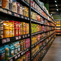 Obraz premium A vibrant grocery aisle filled with colorful packages of snacks and food products on neatly arranged shelves.