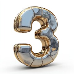 Metallic Number Three: A Shiny, Gold and Silver Balloon Digit