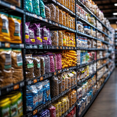 A vibrant display of packaged snacks and grains on grocery store shelves, showcasing a wide variety of colors and brands.