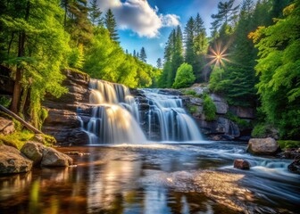 Fototapeta premium Adirondack's St. Regis Falls: Bokeh waterfall photography captures Franklin County's beauty.