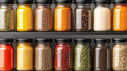 A vibrant display of jars containing various colorful spices, herbs, and seasonings organized neatly on a shelf.