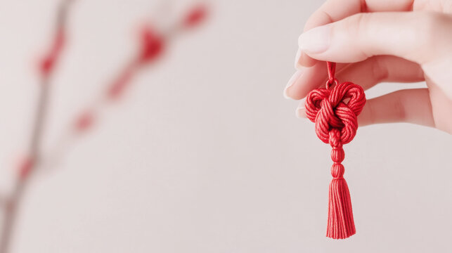 Close-up of red knot charm for decoration and cultural symbolism