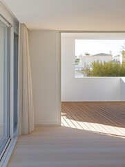 Modern interior space featuring large windows and a sunny outdoor terrace