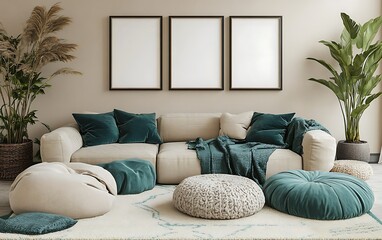 Beige sofa, teal pillows, modern living room, plants, three frames