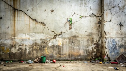 Obraz premium A Crumbling Wall, Littered Ground, and a Green Bucket A Study in Urban Decay