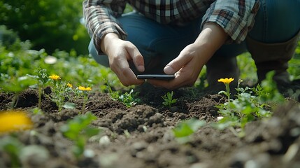Close-up of a farmer checking soil moisture analytics on a smart device