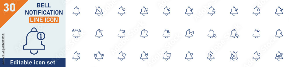 Fototapete bell notification line icon set. set of 30 outline icons related to bell, notification, alarm, messa