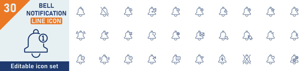 Bell notification line icon set. Set of 30 outline icons related to bell, notification, alarm, message, alert, reminder, message notification and others. Editable stroke. Vector illustration.