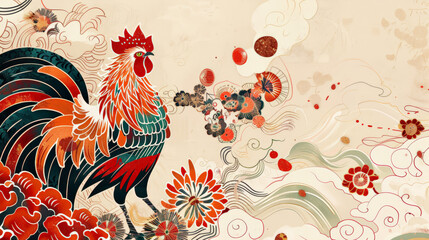 Obraz premium Artistic illustration of colorful rooster with floral elements and waves