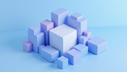 Cluster of vibrant light blue and lavender 3D cubes with a prominent white cube at their center, resting on a soft blue backdrop, captured in an immersive eye-level perspective