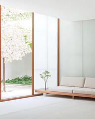 Modern living room with natural light and cherry blossom view in spring