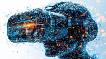 Person wearing VR headset, digital overlay showing circuits and data streams.