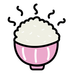 White Rice in Bowl Simple Doodle Hand Drawing Style Isolated on White Background