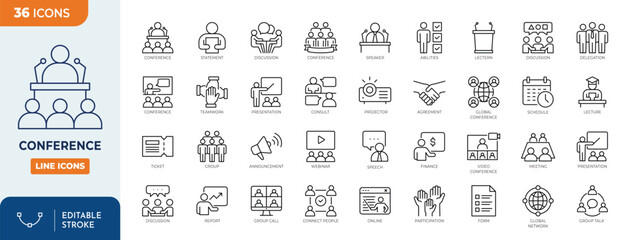 Seminar or Conference icons set. Conference icon set. Outline Icon Collection. Editable stroke. Vector illustration	