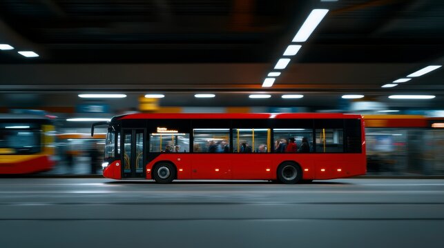 Red city bus in motion at a busy transit station with passengers boarding and alighting
