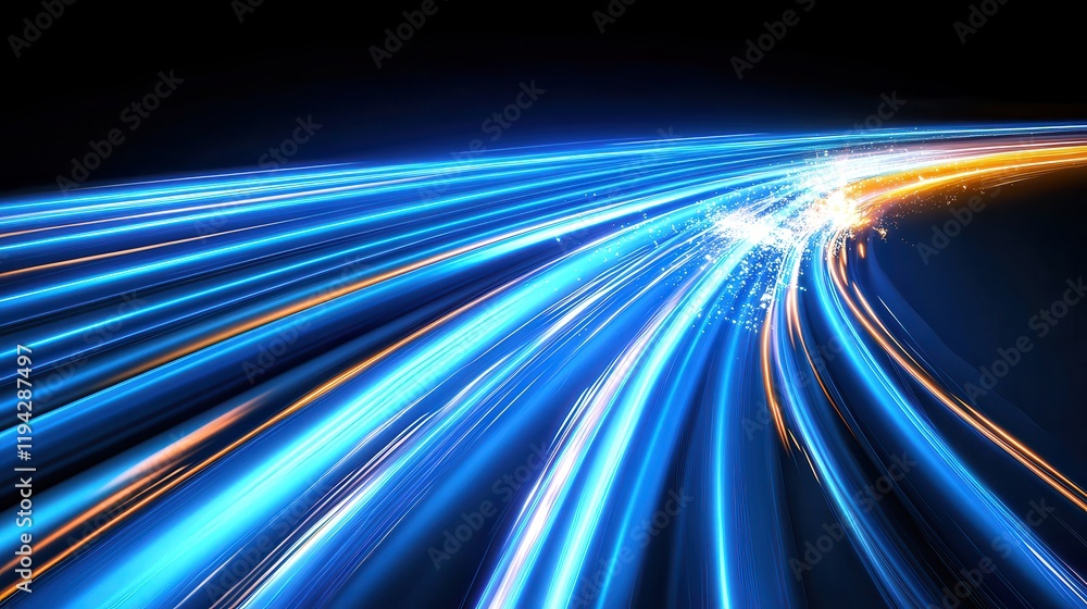 Poster dynamic light trails in blue and orange creating a futuristic motion effect against a dark backgroun
