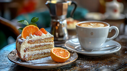 delicious slice of cake with orange slices beside cup of coffee, creating cozy cafe atmosphere