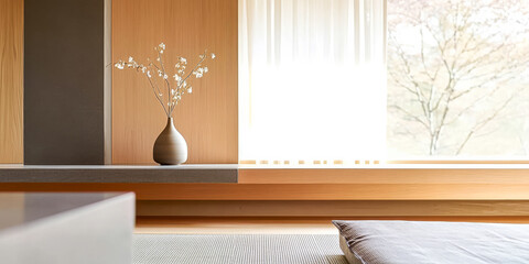 Minimalist interior design featuring a vase with flowers and natural light in a serene space