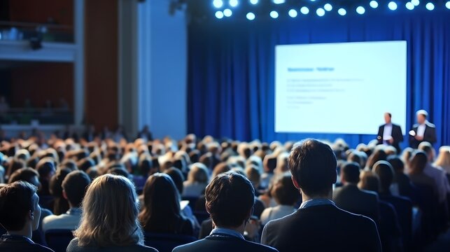 Business and entrepreneurship symposium. Speaker giving a talk at business meeting. Audience in the conference hall. Rear view of unrecognized participant in audience