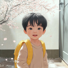 Happy Kindergarten Student. Spring background. Cherry Blossom Background.
