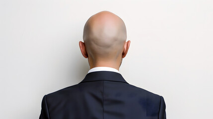 Back view of a bald man in a suit standing against a white wall