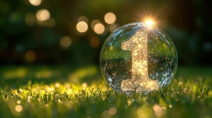 Crystal-clear glass sphere with the number one "1" inside on a grass surface