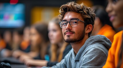 Obraz premium High-energy classroom environment with students engaging in interactive AI-based group activities