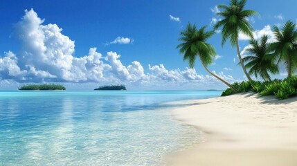 Fototapeta premium Tropical Paradise: Idyllic Beach Scene with Palm Trees and Azure Waters