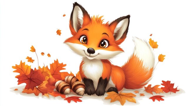 Fototapeta Cute fox surrounded by autumn leaves and acorns