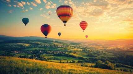 Naklejka premium Hot Air Balloons Soaring Over Scenic Landscape at Sunrise