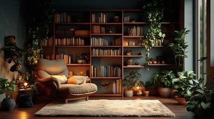 A cozy home studio with a soft beige rug, warm wooden furniture, and a plush armchair next to a bookshelf filled with books and plants. Dim, warm lighting creates a welcoming atmosphere, hd quality,