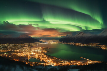 Aurora landscape with northern lights beautiful northern lights over the city 