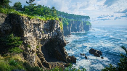 Scenic coastal cliffs with lush greenery, crashing waves, and cloudy sky at a tranquil seaside