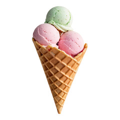 Mint and strawberry ice cream scoops in a waffle cone with a refreshing look.