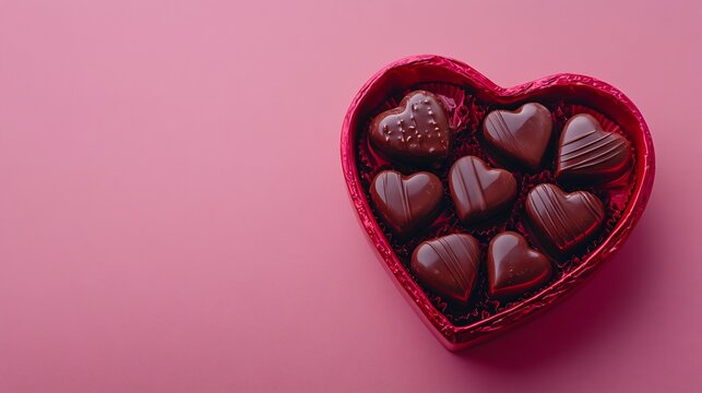 Heart chocolate candies in a hearth shaped box on a pink background.
