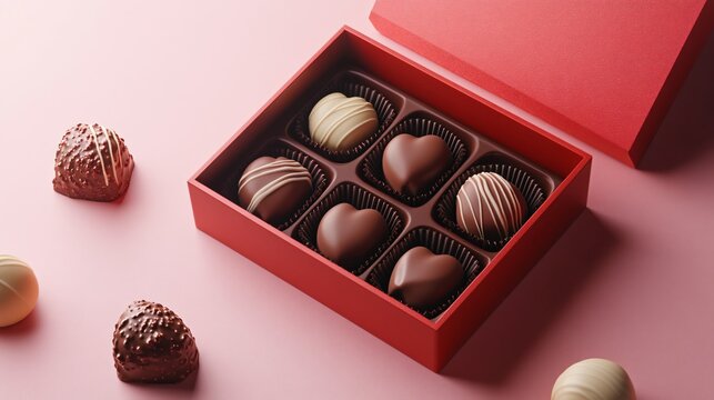 Box with delicious chocolate candies on pink background, top view. Valentine's day celebration
