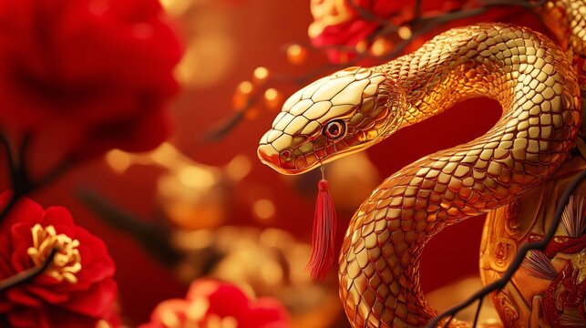 Golden snake statue on red background. Chinese New Year celebration concept.
