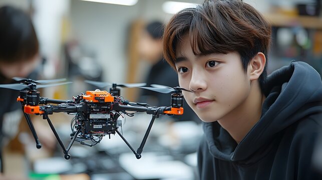 Students exploring artificial intelligence by building smart drones in a STEM-focused workshop