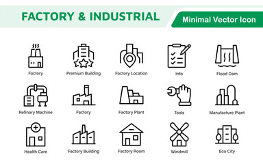 Factory Icon Set. A dynamic collection of icons representing manufacturing and industrial processes, perfect for engineering sectors to convey efficiency and innovation.