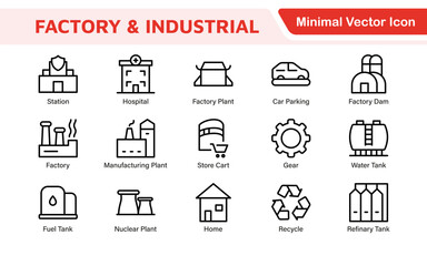 Factory Icon Set. A dynamic collection of icons representing manufacturing and industrial processes, perfect for engineering sectors to convey efficiency and innovation.