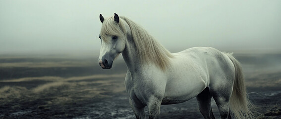 Fototapeta premium White horse in foggy field, Iceland; serene nature scene