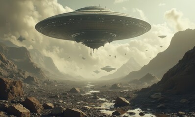Mysterious UFO hovering over alien landscape
