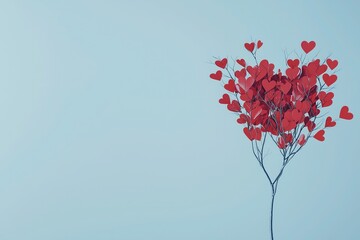 Minimalist Valentine's Day design featuring a tree branch with red heart-shaped leaves against a light blue background, perfect for love-themed product presentations with ample copy space for text