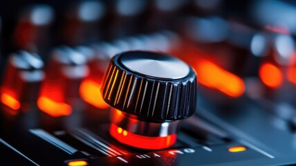 Close-up of lit control knob on audio equipment with blurred background