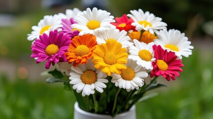 Obraz premium Vibrant bouquet of colorful daisies in full bloom, placed white vase