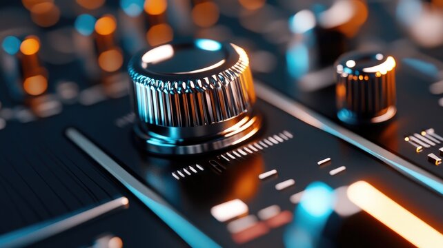 Close-up of audio mixer console with knobs and sliders, illuminated in blue orange lights