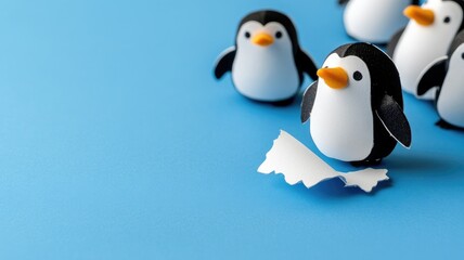 Obraz premium Small penguin figurines on blue surface with paper cutout