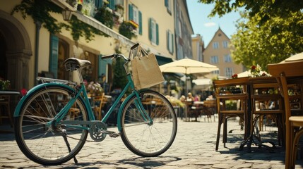 Fototapeta premium A bicycle in front of a caf, with a shopping bag hanging from its handlebar.