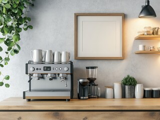 Modern Coffee Station Setup With Espresso Machine And Accessories