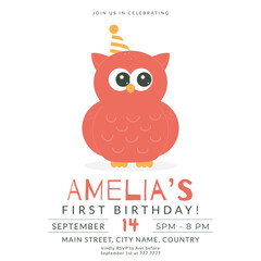 Greeting and invitation card for kids first Birthday party. Cute baby owl in flat childrens style. Vector illustration, design for card, poster, event